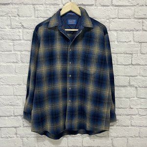 Pendleton Large Flannel Button Front Shirt Wool Blue Plaid Long Sleeve USA Mens